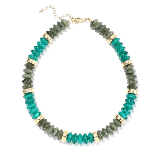 RISHEGAE Chunky Beaded Necklace for Women Boho Resin Beaded Choker Necklace Adjustable Surfer Beach Strand Necklaces Gold Handmade Acrylic Beads Jewelry Gift for Women, 17IN, Resin, No Gemstone