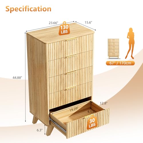 Image of VINGLI Fluted Tall Dresser 5 Drawer, 23.66 inch W Chest of Drawers, Oak Wood Dresser for Bedroom Mid Century Modern with Rounded Edge, 23.66 inch W*15.6 inch D*44.88 inch H