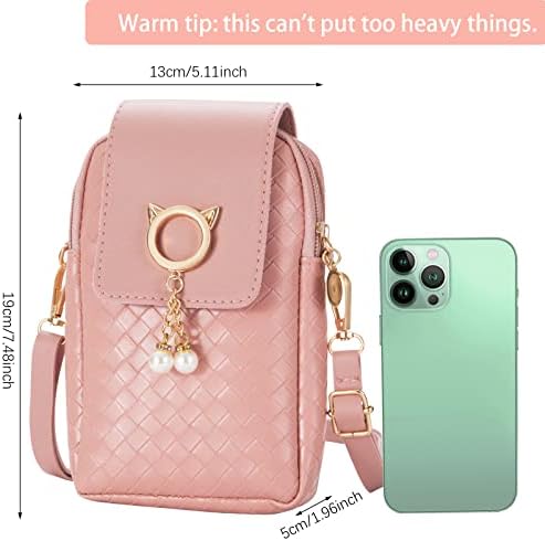 HOTKMB Crossbody Cell Phone Bag Girl Cute Cat Mobile Phone Wallet Bag With Pearl Pendant Adjustable Shoulder Strap Mini Pu Leather Women Shoulder Bag Pink/Black