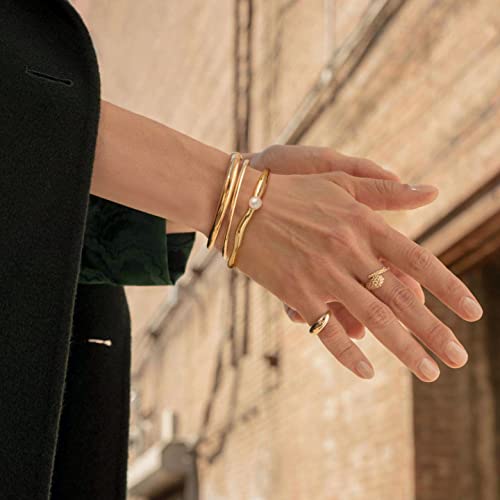PERNNLA PEARL Wavy Gold Bangle Bracelets for Women Freshwater Cultured Pearl Bracelet Dainty Irregular Love Cuff Bangle Cute Bracelets by PERNNLA PEARL - Used condition - Image 2