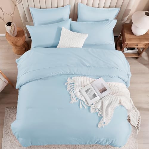 Litanika Comforter King Size Set Light Blue - 7 Pieces Bed in a Bag King Bedding Comforter Sets, Plain Lightweight Bed Set with Comforter, Sheets, Pillowcases & Shams