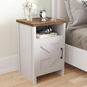 Jummico farmhouse nightstand modern bedside table with barn door and shelf rustic end table side table for bedroom living room 2 white  urban country home decor