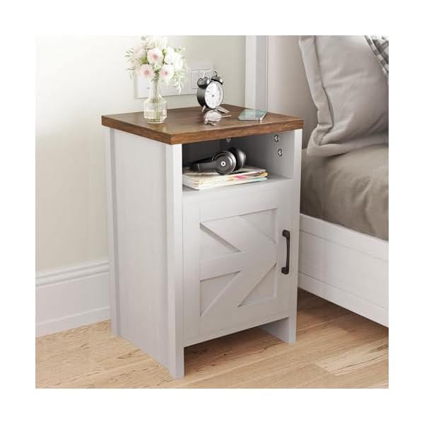 Jummico farmhouse nightstand modern bedside table with barn door and shelf rustic end table side table for bedroom living room 2 white  urban country home decor