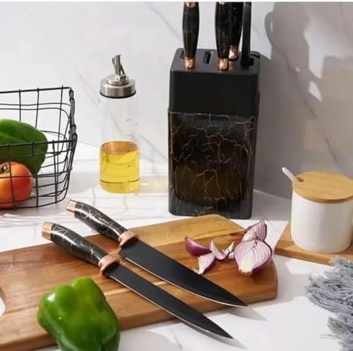 Image of Tetpino Kitchen Knife Set 7-Piece with Block | Sharp Stainless Steel Knives with Non-Stick Coating & Non-Slip Handles | Professional Chef Knife Set for Home & Restaurant (Black Gold)
