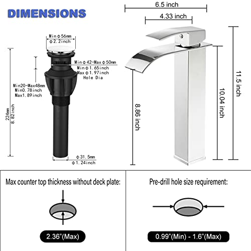 Bathfinesse Polished Chrome Bathroom Faucet Vessel Sink Faucet Tall Stainless Steel Single Handle One Hole Deck Mount Bowl Vanity Sink Faucet With Pop-Up Drain Assembly #TOP5