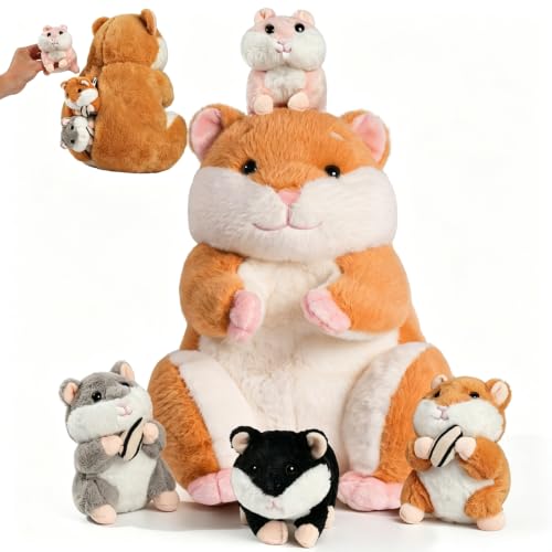 Hamster Stuffed Animals, 12'' Mommy with 4 Colorful Hamster Small Plushies