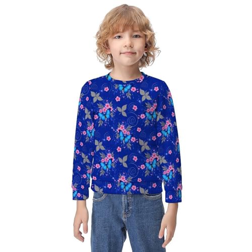 MZERSE Soft Kids Crew Neck Pullover Blue Butterfly Art, Long Sleeve Sweatshirt for All Seasons, 8-10Y