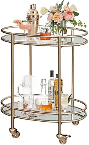 Ohsuaniy Gold Bar Cart, Oval Metal Mirror Home Bar Serving Cart, 2-Tier Outdoor Rolling Beverage Cart on Wheels with Brake Mini Mirror Modern Drink Cart Small Wine Trolley, Rose Gold
