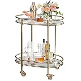 Ohsuaniy Gold Bar Cart, Oval Metal Mirror Home Bar Serving Cart, 2-Tier Outdoor Rolling Beverage Car