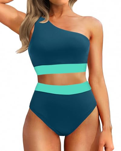 Holipick Women One Shoulder High Waisted Bikini Sets Two Piece Swimsuit Tummy Control Bathing Suit Full Coverage Swimwear, Teal and Green, Large