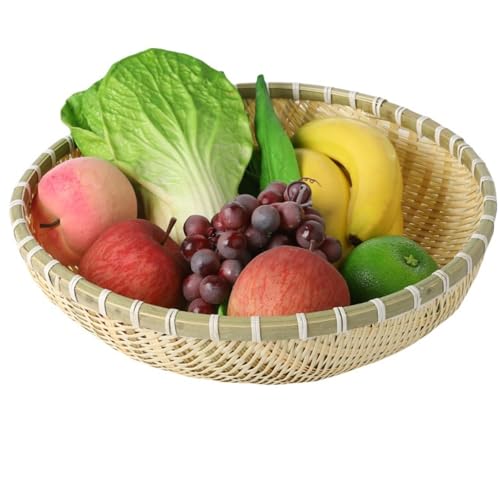 Qinaaiu 竹編み浅口 天然竹製 竹ざる 水切りざる 丸 干し野菜 盛り付け 下ごしらえ 収納バスケット 汁なしラーメン用ざる 竹 そばザル 素麺の器 フルーツのとれ 手作業 竹編み丸型ちりとり収納バスケット竹ざる 青竹もり皿 水切りザル食品乾燥バスケ