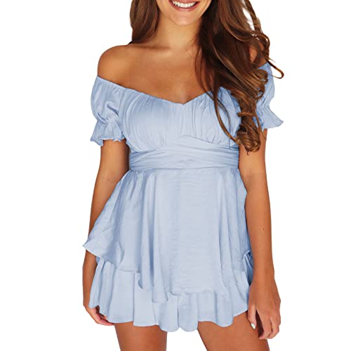 Image of Ahafeni Women's Puff Short Sleeve Romper Off Shoulder Shorts Jumpsuit Summer Boho Clothes Wrap Tie Up Back Dress Ruffle Playsuits (Light Blue, M)