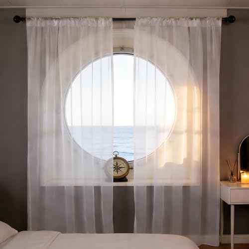 Cortinas visillos de aspecto de lino blanco con ojales y cinta de calidad 2