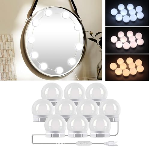 Hollywood Mirror Lights with USB Cable, 3 Colours Changing & 10 Levels Brightness, Stick on Vanity Mirror