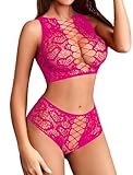 Avidlove Women Lingeries Mesh Lingerie Set Crop Top and Underwear Two Piece Fishnet Cover Up for Beach Rose Red