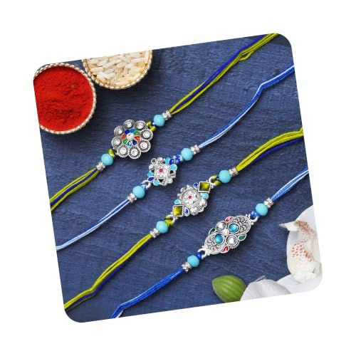 Image of eCraftIndia Set of 4 Lord Ganesha Peacock Krishna & Kalash Designer Rakhis for Brother Bhaiya Bhai | Roli Chawal Pack