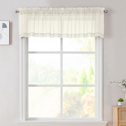 Image of OVZME Cream Sheer Valances for Windows 14 Inch Length 2 Pcs, Light Filtering Short Kitchen Curtains, Top Dual Rod Pocket Small Curtains for Living Room Bedroom Basement, Each 42Wx14L Inches
