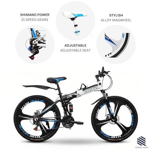 Image of QUESEC BWM Folding Gear Cycle for Adults 26 Inch 21 Speed Mountain Bike with Dual Suspension, Dual Disc Brake, Alloy Wheels, Foldable Bicycle for Boys Girls Daily Commute Fitness Ride - Black