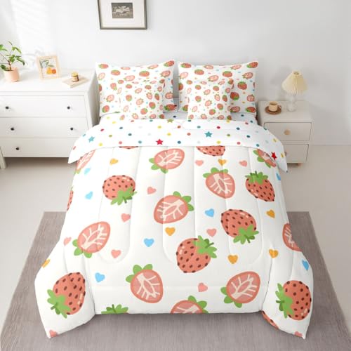 Image of 7 Pcs Cartoon Strawberry Bedding Sets Queen Size Colorful Lovely Hearts Decor Comforter Set Cute Fruits Romantic Style Bed in a Bag with Comforter,Flat Sheet,Fitted Sheet,2 Pillowcases,2 Pillow Covers