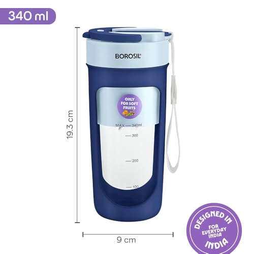 Image of Borosil NutriSip Blue Portable Blender | 40W Low-Noise DC Motor | 340ml Unbreakable PC Jar | USB Rechargeable | Turbo 6 Blade Action | Smoothies, Shakes, Soft Fruit, Protein Mix | 1 Year Warranty