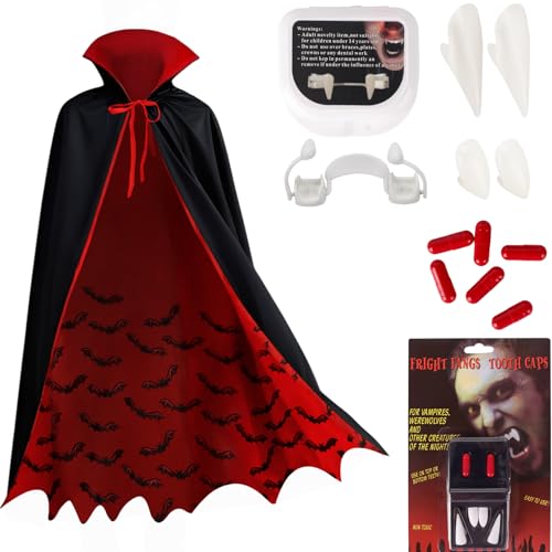 Vampir Kostüm Kinder Set,Gothic Royal Vampirkostüm 90cm mit Fledermaussaum & Vampirzähne & Einziehbare Zähne &...