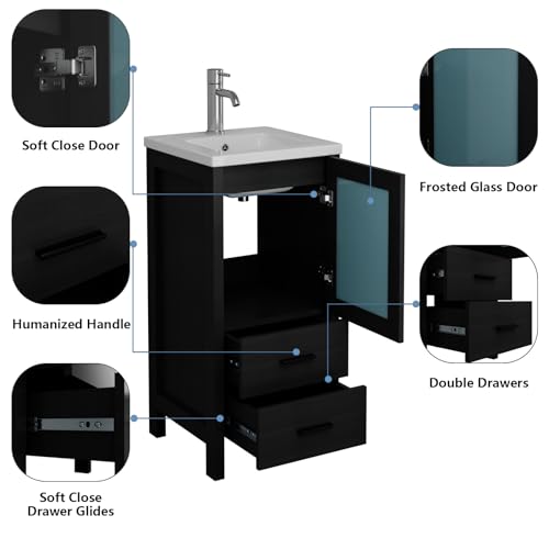 wonline 16\" Bathroom Vanity Set, Single Small Bathroom Cabinet with Ceramic Sink, Modern Black Cabinet Vanity with Faucet & Pop Up Drain