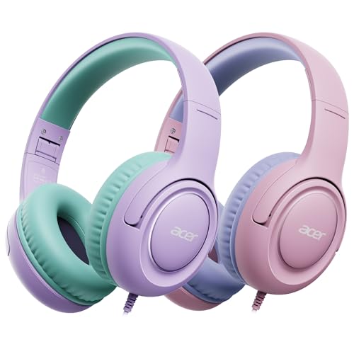 Acer 2Pack Kids Headphones - 85/94dB Volume Limiter Foldable Wired Over Ear Headphones for Travel 3.5mm Jack Toddler Headphones for School Travel Tablet iPad HK03-2P
