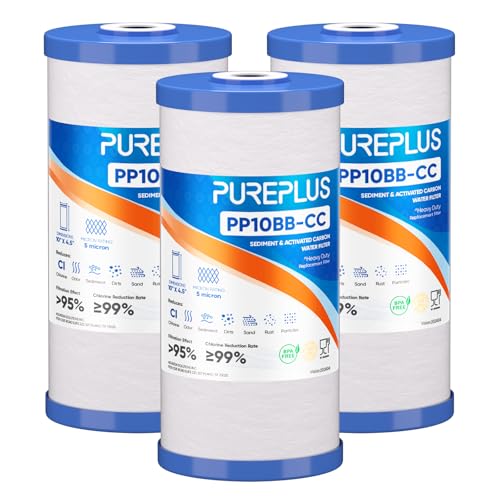 PUREPLUS 5 Micron 10" x 4.5" FXHTC Whole House Sediment and Carbon Water Filter Replacement Cartridge for GE GXWH40L, GXWH35F, GNWH38S, Culligan RFC-BBSA, WRC25HD, RFC-BB, PP10BB-CC, WFHD13001, 3Pack by PUREPLUS - Used condition - US$33.97