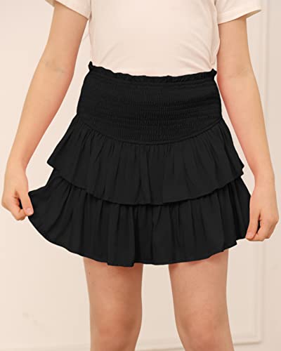 Newffr Girls Smocked Ruffle Mini Skirts Cute High Elastic Waisted Tiered Short Skirt With Shorts Underneath Black #TOP1