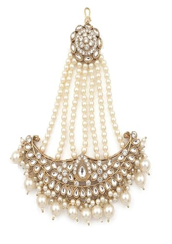 Image of Gold-Plated Head Passa Jewelry For Women Kundan Pearl Studded & Beaded Passa /Matha Patti Jhoomar Jewellery for Women & Girls Birthday Gifts
