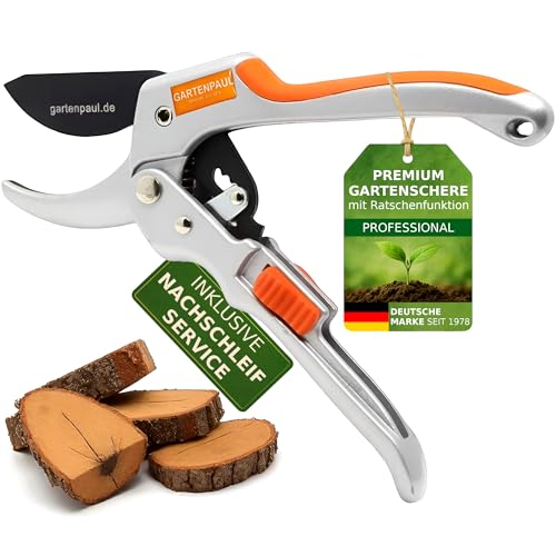 GARTENPAUL Gartenschere Premium mit Ratsche, inkl. Nachschleifservice, Profi Ratschen Garten-Schere, 30 Jahre Qualität, Profi Gartengeräte Astschere Schere Rosenschere Pflanzenschere Blumenschere