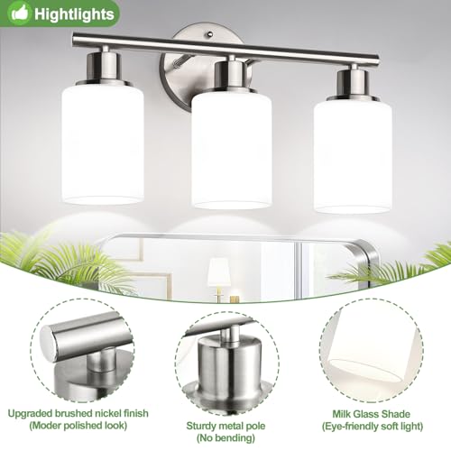 3-Light Bathroom Light Fixtures, Brushed Nickel Vanity Light, Farmhouse Wall Lights with Milky White Frosted Glass Shades, Bathroom Wall Lamp for Mirror Kitchen Bedroom Hallway Living Room