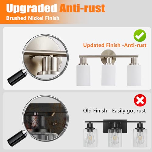 Image of DLLT 3-Light Bathroom Light Fixtures: Nickel Modern Vanity Lights with E26 Bulbs - Milky White Glass Shade Bathroom Wall Lamp for Mirror Kitchen Living Room Hallway Cabinet Porch