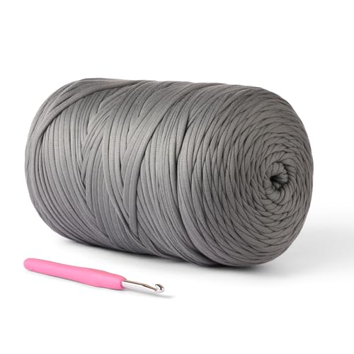 Image of (800g/228yds) T Shirt Yarn, Soft Tshirt Crochet Yarn for Crafts and DIY Knitting Crocheting Cloth/Bag/Basket/Coaster, 100% Polyeste Elastic Fabric Chunky Thick Yarn for Crocheting (Dark Gray)