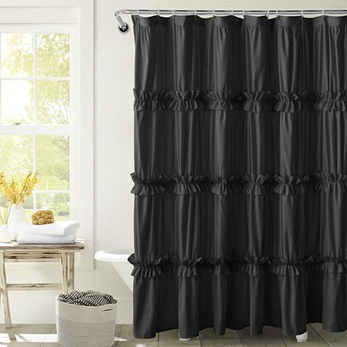 BRHF Farmhouse Ruffle Shower Curtain with Handmade Ruched Vintage Ruffled Fabric Bathroom Curtains Decorative Elegant Bathroom Curtain with 12 Holes Black 72 W x 72 H(N60049)