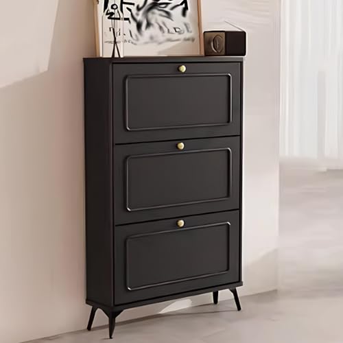 Meuble Chaussure Noir avec 3 Tiroirs Rabattables, Meuble Chaussure Bois Bois Massif, Meuble Chaussure Entree for Baskets, Chaussures en Cuir, Talons Hauts, Pantoufles
