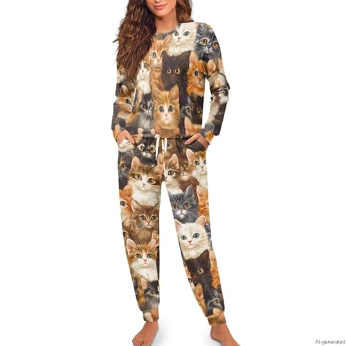 Image of Women's 2 Piece Printed Pajama Set Long Sleeve Sleepwear Set with Long Pants Casual Lounge Sets with Pocket
