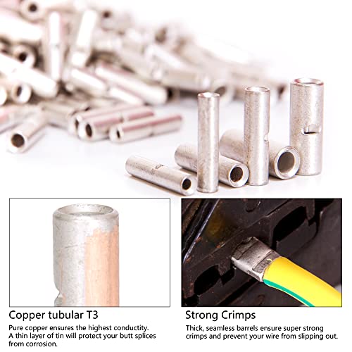 Ginsco 200Pcs 22-16 16-14 12-10 Awg Gauge Non-Insulated Butt Connectors Uninsulated Wire Ferrule Cable Crimp Terminal Kit For Diy #TOP2