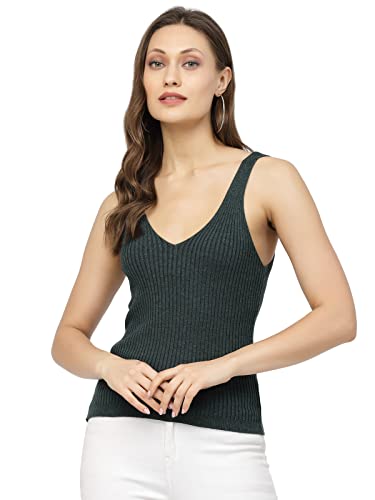 Image of Kalt Women Knitted, Ribbed Cotton Fitted Sleeveless V-Neck Cami Tank Top for Women Stylish
