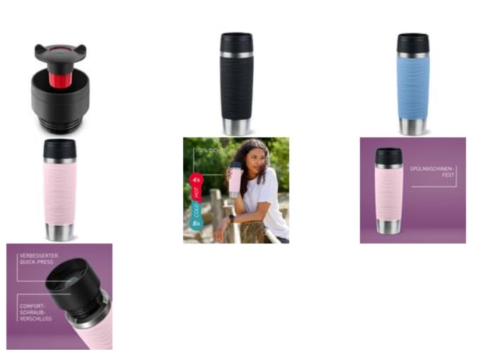 EMSAN20225 Travel Mug Wave Insulated Mug 0.5 litres Comfort Screw Cap Stainless Steel 6 Hours Hot and 12 Hours Cool 100% Leak-Proof Dishwasher Safe 360° Drinking Opening Black