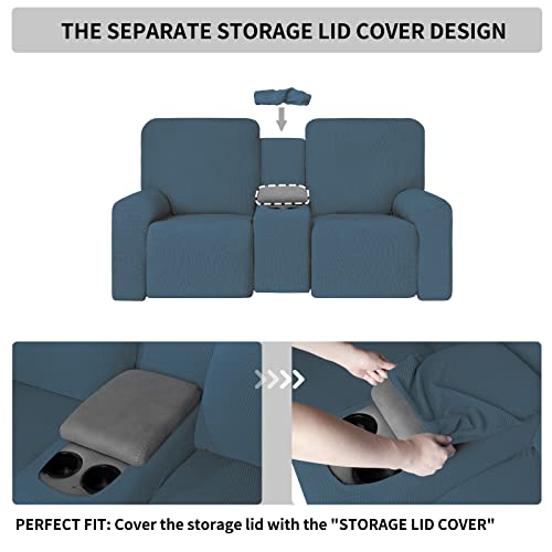 Image of Easy-Going 1 Piece Reclining Loveseat with Middle Console Slipcover | Stretch 2 Seater Loveseat Recliner Cover with Holder and Storage, Recliner Couch Sofa Cover, Furniture Protector Bluestone