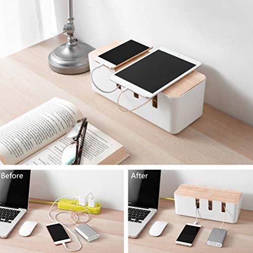 Kabelbox Weiß Kabelmanagement Box mit Holzdeckel 30.2 * 12.5 * 11.5cm Kabel-Organizer ABS Kabel Aufbewahrungsbox mit Gummifüßen und Klettverschluss Für Kabel/Steckdosenleisten Schutz und Sicherheit