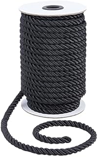PandaHall 8mm 3 Braided Cord Trim, 20 Yards Twisted Silk Ropes Black Decorative Rope Shiny Viscose Cording for Curtain Tieback, Upholstery, Honor Cord, Christmas Garland, Handbags Handles