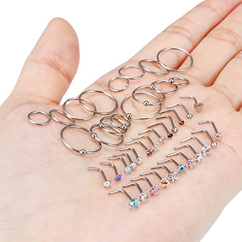 Ocptiy 20G Nose Ring Hoop Stud Piercing Jewelry For Women 20 Gauge Stainless Surgical Steel Silver Nose Ring Hypoallergenic L Bar Shaped Bend Curved Nose Nostril Ring Nose Piercings Jewelry Women Men #TOP6