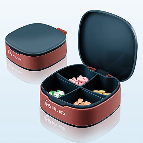 Pill Box Small Pill Organiser, Portable Daily Pill Box, Travel One Day Pill Case with 4 Compartments for Vitamin & Multiple Medicine, Pill Dispenser Medicine Container for Kid Men Women Elderly (Blue)