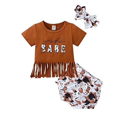 Image of Newborn Infant Baby Girl Outfit 3pcs Letter Print Western Clothes Sets Short Sleeve Tassel T-Shirts Shorts (Brown, 0-3 Months)