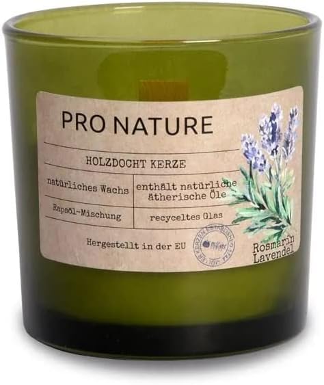 Müller Kerzen PRO NATURE Duftkerze im Glas mit Holzdocht und Rapswachs - Rosmarin & Lavendel Duft - Enthält natürliche ätherische Öle und Rapsöl - Recyceltes Glas - 6er Pack