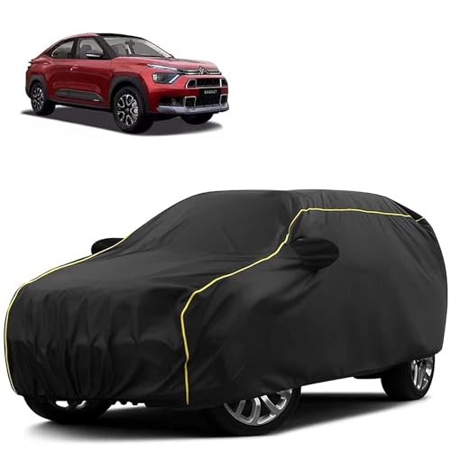 Image of Sulfar 100% Water Resistant Car Body Cover Compatible with Mirror for CITROEN Basalt (Triple Stitched, Full Bottom Elastic, Black Tafetta with Yellow Piping)