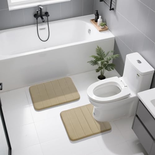Image of Yimobra U-Shaped Toilet Bath Mat Set 2 Piece - Soft Absorbent Quick Dry Memory Foam Bathroom Rugs, Machine Washable Non Slip Floor Carpet for Tub Shower & Single Sink (17x24 & 24x20, Pale Khaki)