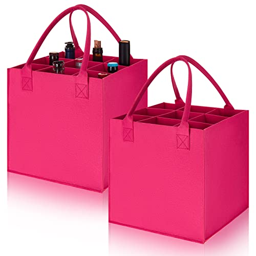 Shappy 2 Pcs 9 Bottle Bag 27x27x27cm Carrier Compartments Portable Wine Bottle Bags Reusable Wine Glass Storage Box with Carry Handle Removable Divider for Beer Travel Jars Tins Vials (Rose Red)